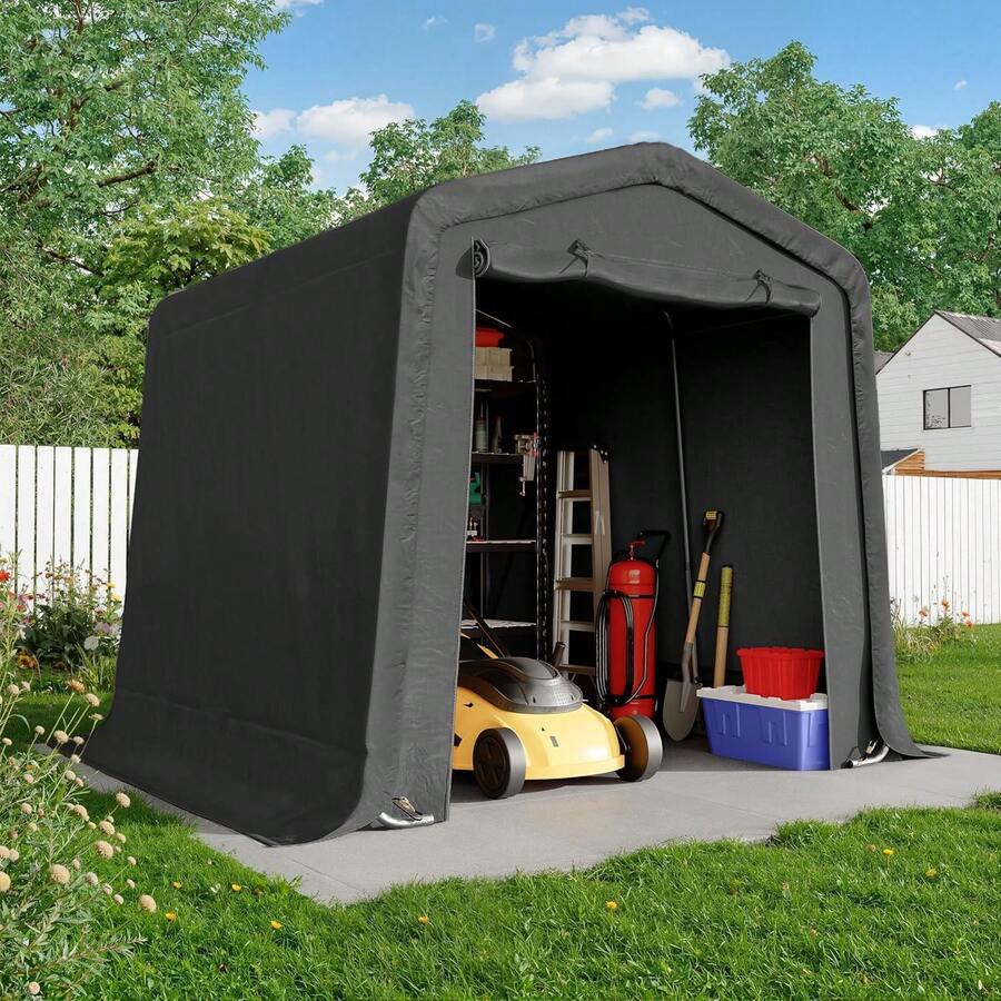 CHARMELEON 8x8FT Heavy Duty Outdoor Storage Shelter,Portable Garage Shelter For Garden Tool Motorcycle Bike,All-Steel Metal Frame Storage Tent With Dual Doors&Thickened Fabric (Dark Gray) - Khaki - View 1