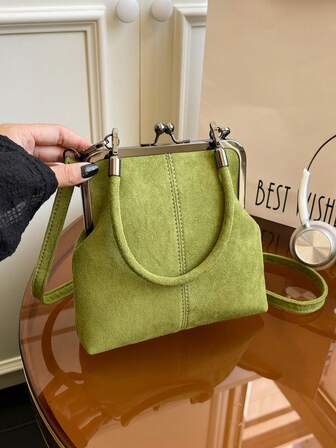 2025 Autumn And Winter New Fashion Retro Suede Material Handbag, Detachable Women's Shoulder Bag, With Button Closure Wallet. Simple Green Crossbody Bag