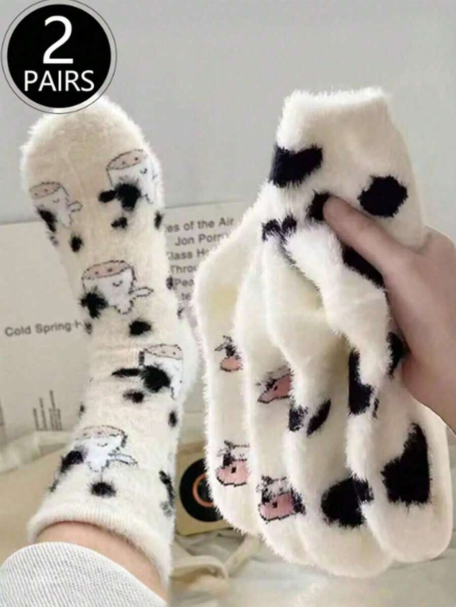 1/4/6/10 Pairs Cute Cow Pattern Plush Round Neck Socks, Thickened Coral Fleece Material, Soft And Comfortable, Suitable For Daily Wear And Winter Home Warmth - Multicolor - View 1
