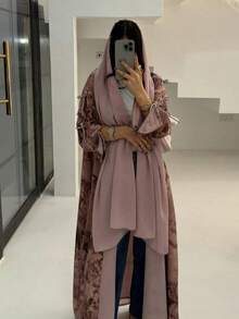 两件套简约扎染印花套装（含头巾），休闲夏季外套，纯色前襟纽扣腰带，适合度假春季穿着 - 駝色 - 查看 4