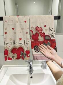 2pcs Valentine's Day Hand Towels, Pink Heart & LOVE Pattern Design, Super Soft Microfiber Cleaning Cloths, Kitchen & Dining Decor, Outdoor Party Supplies, Suitable For Valentine's Day Kitchen & Bathroom Decor, Valentine's Day Gift - Multicolor - View 7