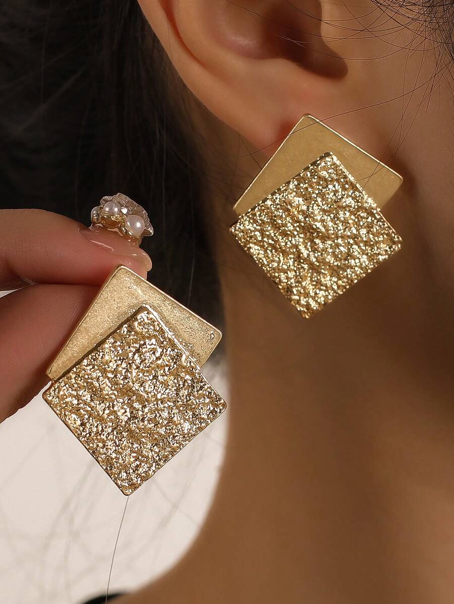 1 paire Clous D'oreilles À La Mode Géométrique Carré Multicouche - Or jaune - Voir 1