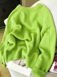Women's Autumn/Winter Fluorescent Green Raglan Sleeve Casual Soft & Slouchy Knit Sweater - Emerald Green - View 2