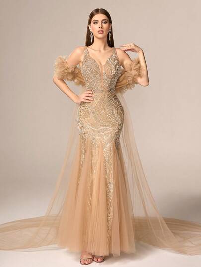 VIPGIRL Glamorous Luxury Women's Long Mermaid Style Straps Cold Shoulder Gown Featuring Sparkling Contrast Sequin And Mesh Fabric For Formal Events