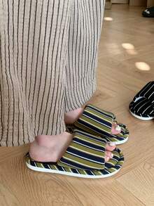 XIXITIAO Retro Color Block Striped Slippers, Indoor Casual Soft Flat Slippers, Breathable All Season House Shoes For Home & Bathroom, Classic Color Block Flat Slippers For Women - Fruit Green - View 9