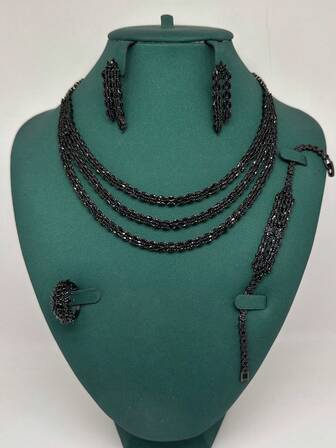 4 piezas Juego de joyería de lujo con cristales completos: Collar, aretes de 3 capas, anillo, pulsera, circonita cúbica brillante, blanco y juego de joyería para fiesta/boda/novia, Medio Oriente, Arabia Saudita, Dubái