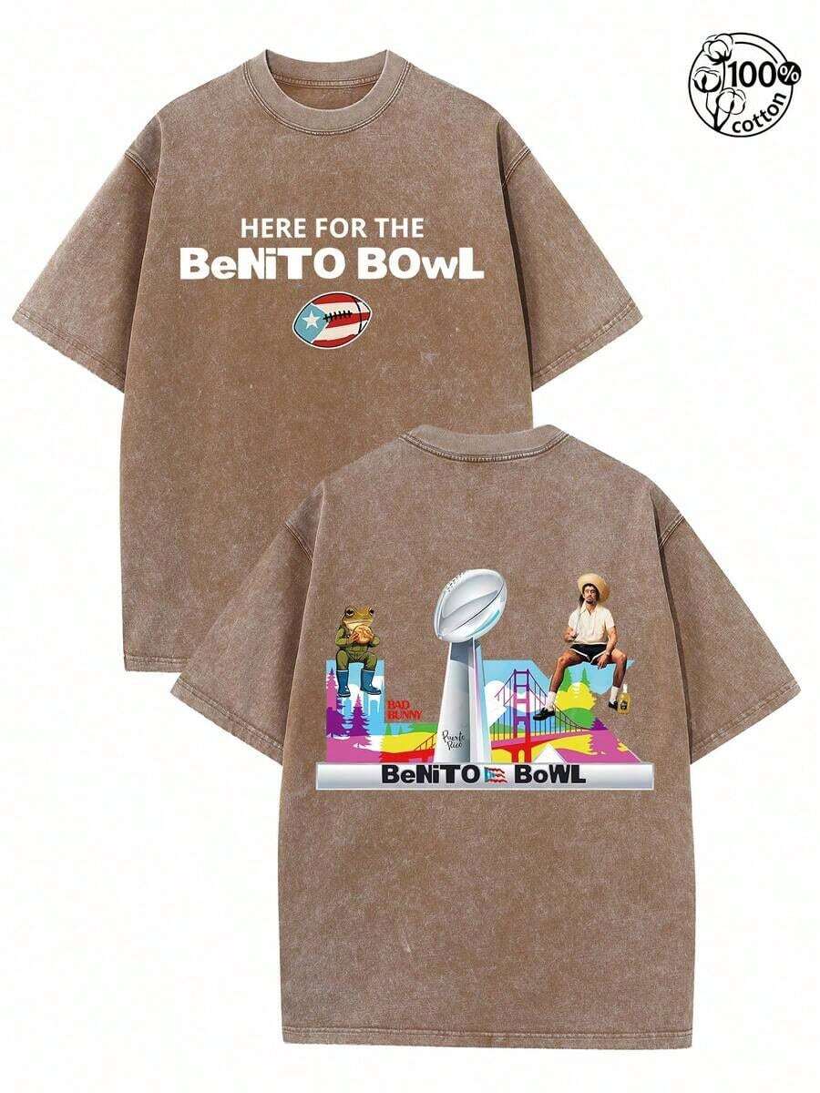 BadBunny Fans Need This Shirt 2026 Benito Bowl,Retro Washed-Shirt Double Sided Printed ,Here Benito Bowl Men And Women-Shirt,Boutique 230g Washed Batik Retro Thick Cotton-Shirt, Couple Fashion Casual Exquisite Cotton-Shirt - Cà phê nâu - Xem 1