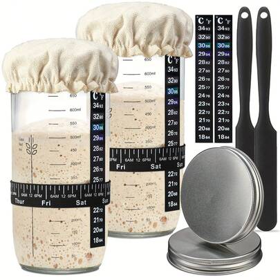 طقم بدء عجينة الخميرة في برطمان زجاجي سعة 24 أونصة، مع شريط تغذية مؤرخ، ترمومتر، قماش وغطاء معدني، مستلزمات خبز منزلية، مناسب لخبز الخبز وأدوات إثبات الخبز