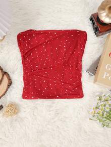 Sequin Decor Ruched Bandana Hem Lace Up Back Corset Top - Red - View 7