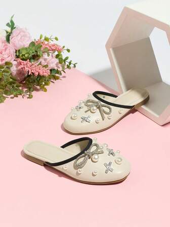 Children & Teens' Pearl, Rhinestone & Bow Decor Elegant Fashionable Versatile Soft Comfortable Flat Slide Sandals For Girls