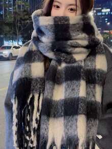 1pc Women's Plaid Reversible Scarf, Soft Cashmere Feel, Warm Wrap Shawl, Fashionable Autumn/Winter Accessory - Dark Beige - View 5