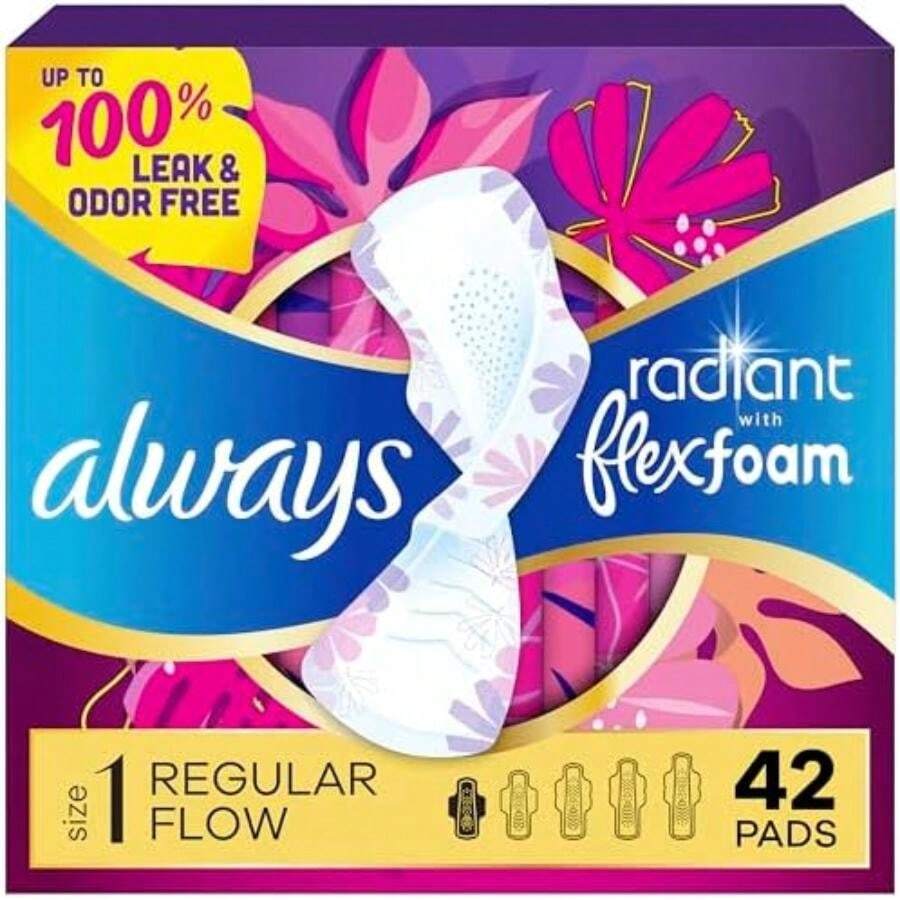 ALWAYS - Almohadillas sanitarias regulares radiantes, tamaño 1, aroma ligero y limpio con alas, 42 unidades(42 count) - Multicolor - Ver 1