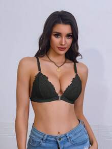 1 pieza Sujetador con cierre delantero cómodo con decoración de encaje, diseño de moda adecuado para uso diario, ajuste perfecto y soporte en varios tamaños - Negro - Ver 4