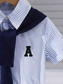 Tween Girl Striped Knit Short Sleeve Dress With Shawl - Blue - View 3