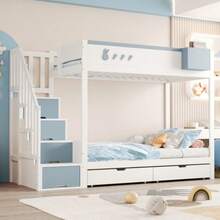 Litera infantil de 90 x 200 cm con motivos de conejos y zanahorias, estante extraíble, escalera de , cajones, somier de láminas, cama doble, blanca y azul. - Azul - Ver 5