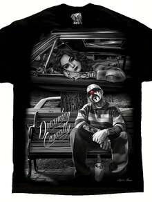 Men's Oversized David Gonzales DGA Chicano Art Lowrider Homies Graphic T-Shirt - Black Vintage Car & Character Print, Anime Manga Streetwear, Casual Round Neck Tee For Casual Attire - 黑色 - 查看 7