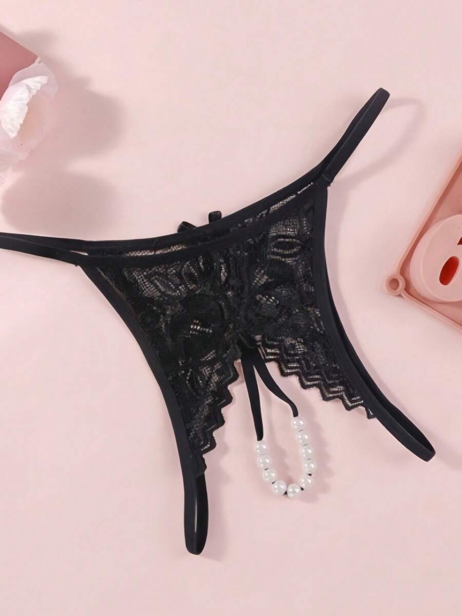 1pc Fashionable Sheer Embroidery Sexy Women Panties, Hollow-Out Pearl Massage Open Crotch Seamless Low Waist G-String Underwear, Sexy Lingerie And Sleepwear For Valentines Day, Going Out - Black - View 1