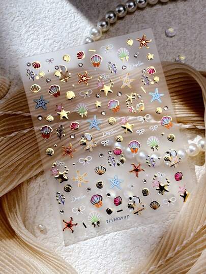 1 hoja de pegatinas de arte de uñas con conchas marinas, lazos y estrellas de mar de strass, diseño 5D en relieve de mar profundo con lámina adhesiva - Suministros y decoraciones de arte de uñas para niñas y mujeres - Manicura de otoño/invierno y Navidad, adecuado para salones de uñas en el hogar