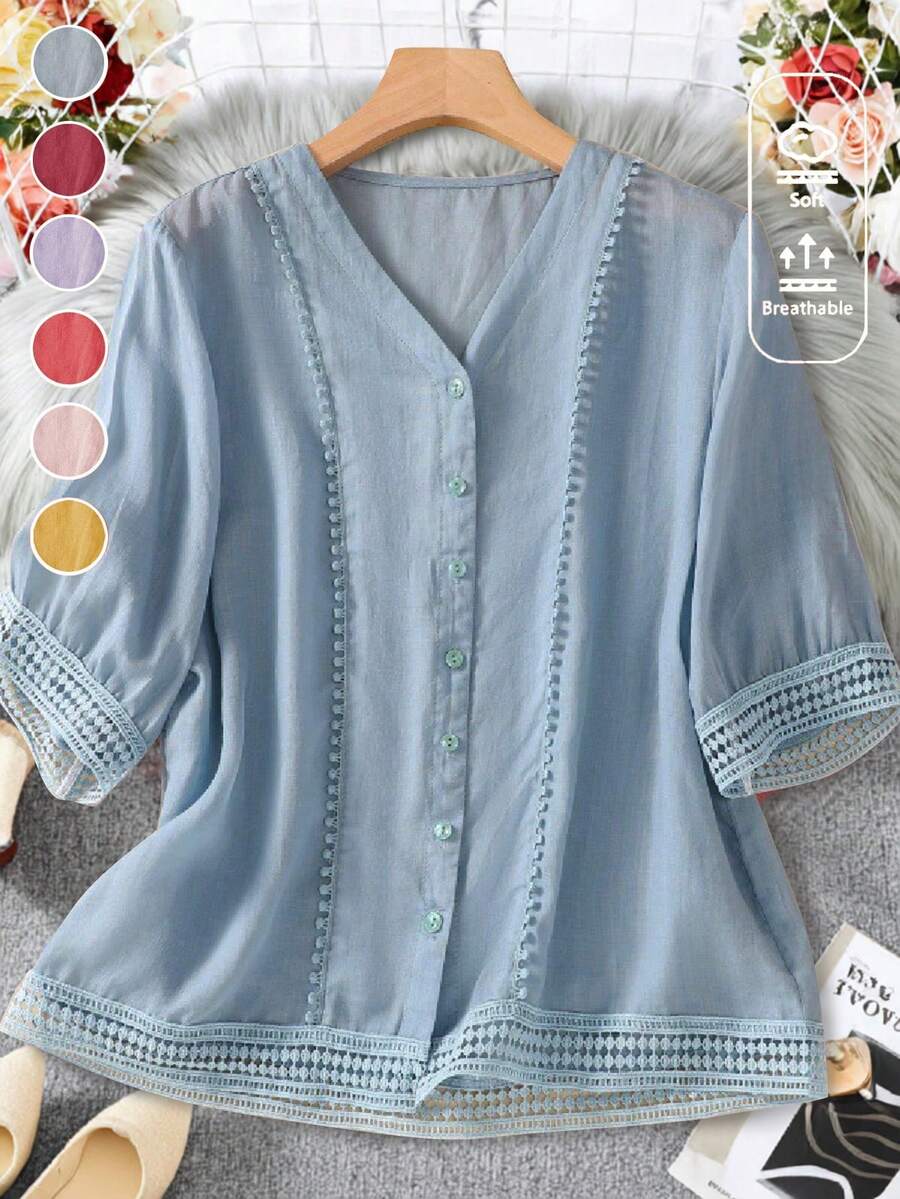 Women's Light French Viscose Floral Lace Patchwork Vintage Blouse, Spring/Summer - Blue - View 1
