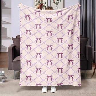 Soft Flannel Blanket - Bow, Diamond Grid Pattern On Vintage Pink Background, Digital Printed In Pink & Light Purple Tones - Ideal For Living Room, Bedroom, Sofa, Camping - Perfect Gift For Friends, Family And Classmates