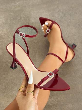 Women's High Heel Shoes, Suitable For Spring/Summer Nightclub, Party, Wedding, Outdoor Occasions. Fashionable Electroplated Cup Heel, Pointed Toe, Shiny, Charming One-Strap Design With Rhinestone Small Square Buckle And Bow. Soft Lacquered Leather Material, Adjustable Ankle Strap, Comfortable And Elegant. Suitable For Any Formal Occasion For Women. Wine Red Color, Versatile, Formal Sandals.