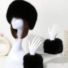 一套女士纯色毛绒渔夫帽，包含臂套、腕套、保暖防风护耳帽、针织帽，可爱休闲优雅复古街头风百搭宽松针织帽，适合户外、滑雪、骑行、旅行、派对、日常佩戴，情人节礼物 - 米色 - 查看 4