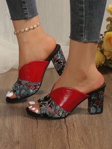 Women's Chunky Heel Open Toe High Heel Mules, Embroidered Fashion High Heel Sandals, Plus Size - Red - View 4