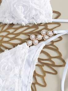 2 piezas Conjunto de bikini elegante y sexy con espalda anudada de unicolor, adecuado para vacaciones y playa en verano blanco - Blanco - Ver 3