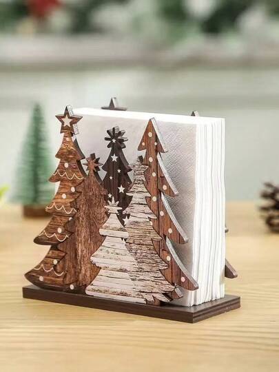 一体式树形纸巾盒 - 2D 平面，乡村木质桌面装饰，带有喜庆的松树图案，易于安装，适合节日用餐，是理想的节日礼物，无需用电，可用作新年或圣诞节装饰、新年礼物、家居装饰、复古风格、桌面装饰、公寓装饰。
