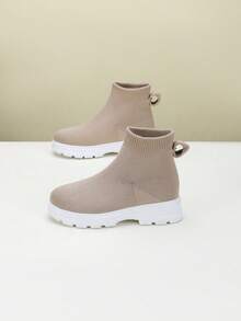 1 Pair High-Top Round Neck Sports Shoes For Teenagers, Students Outdoor Camping Sports Ankle-Tied Breathable Durable Running Shoes, Casual Sneakers - Khaki - View 6