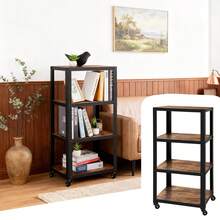 4-Tier Industrial Storage Shelf With Wheels, 90cm Tall Rustic Brown & Black Metal Wood Bookcase For Home Office, Multi-Functional Display Rack - 1 - Xem 10
