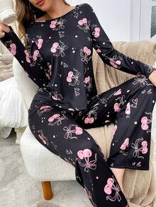 2pcs Women Cute Cherry Print Comfortable Long Sleeve Pajama Set - Black - View 1