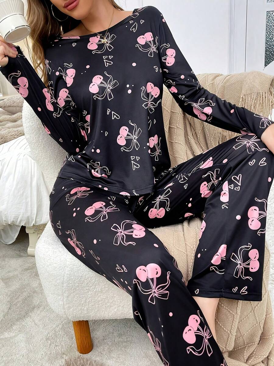 2pcs Women Cute Cherry Print Comfortable Long Sleeve Pajama Set - Black - View 1