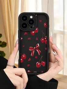 1 pieza Funda de teléfono con diseño de cerezas rojas, corazones y lazos en estilo romántico y vintage ideal para San Valentín TPU soft case, protección completa antideslizante y anti-caída, compatible con iPhone17 ProMax/16/15/14/13/12/11/Plus/Pro/ProMax, compatible con Galaxy A34/A35/A54/A55, Galaxy S20/S21/S22/S23/S24/S25 Ultra/Plus, compatible con Galaxy/Redmi/Honor/OPPO/ViVo - Negro - Ver 1