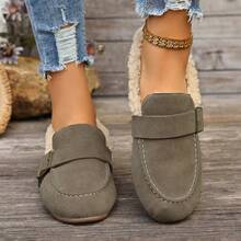 2024 New Preppy Style Buckle Warm Loafers For Women, Vintage Breathable Driving Shoes, Faux Fur Moccasins, Slip-On Casual Flat Shoes For Work
