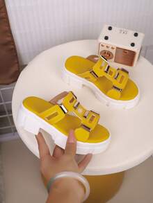 儿童PU皮厚底拖鞋一双，时尚简约，适合夏季穿着 - 黃色 - 查看 2