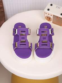 1 par de zapatillas de cuero sintético con suela gruesa para niños, de estilo minimalista y de moda, adecuadas para el verano - Morado - Ver 3