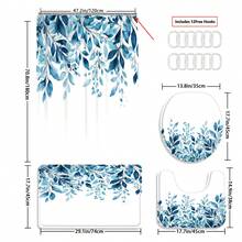 1/3/4-Piece Shower Curtain Bathroom Set, Simple Blue Leaf Pattern, Waterproof And Durable Accessories, With 12 Hooks - Includes Toilet Seat Cover, Bath Mat And Rug - Non-Slip Polyester Fabric - Washable - Perfect For Holiday Decorations, Home/Bedroom/House/Western Style Decor. - Multicolor - View 12