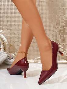 Women's Wine Red Patent Leather Pointed Toe Kitten Heels, Elegant Slip - On Pumps For Party, Office & Dating, Stylish Shiny Dress Shoes With Comfortable Heel - Red - View 5