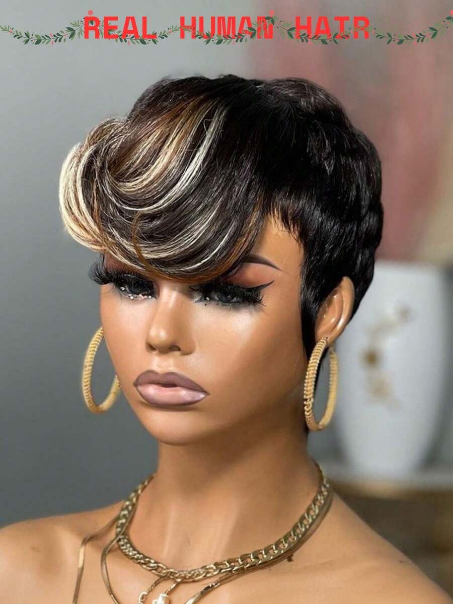 1pc Short Layered Elf Wig For Women, Brazilian Virgin Human Hair Wig, 1B/4/613 Color, Lace Front Wig With Bangs, Suitable For Daily Wear, Gift, Plug And Play - Multicolor - View 1