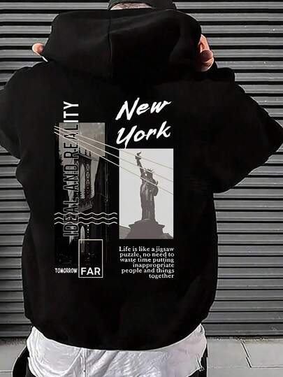 青少年男童休闲标语印花卫衣，保暖内衬，连帽套头衫，青少年男童礼物