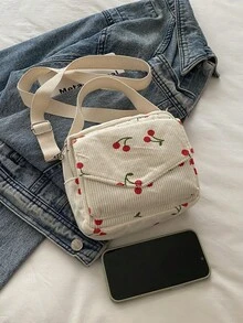 1 chiếc túi xách mini vuông tối giản in hình quả anh đào, có ngăn ngoài 3D, khóa kéo, dây đeo vai dài có thể điều chỉnh, túi đeo chéo nhỏ gọn, nhẹ, phù hợp cho nữ giới sử dụng hàng ngày và học sinh. - trắng - Xem 5