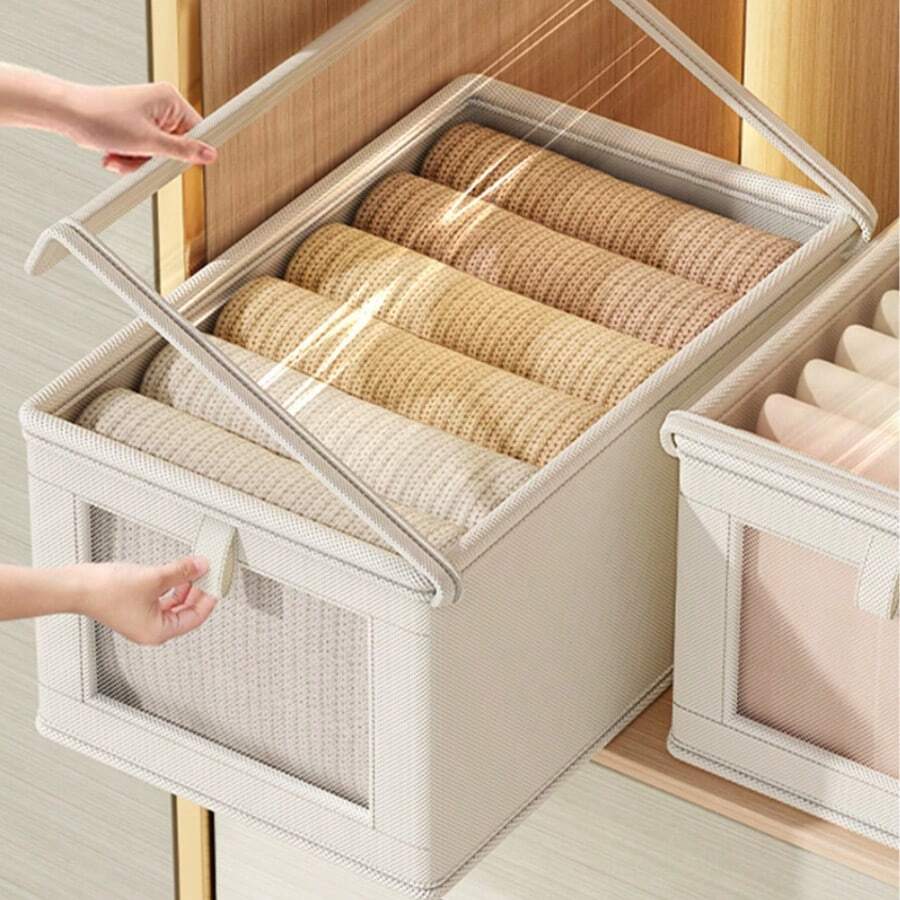 1/2pcs Uncovered/Covered Fabric Foldable Visible Window Clothes Storage Box, Drawer Style Jeans Organizer Box, 32*10*10cm - Beige With Lid - View 1