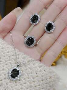 4pcs/Set Rectangular Rhinestone Earrings, Necklace And Ring Set, Elegant Luxury Style Delicate Gift For Women - Black - View 5