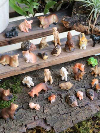 迷你树脂动物摆件 – 微型森林和农场动物套装，适用于仙女花园装饰、DIY微景观、苔藓玻璃容器、盆栽、花盆和桌面摆件