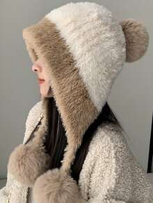 1pc Women's Knitted Hat, Warm Thermal Lined Beanie Cap With Ear Flaps & Pom Pom, Suitable For Autumn & Winter Everyday Wear