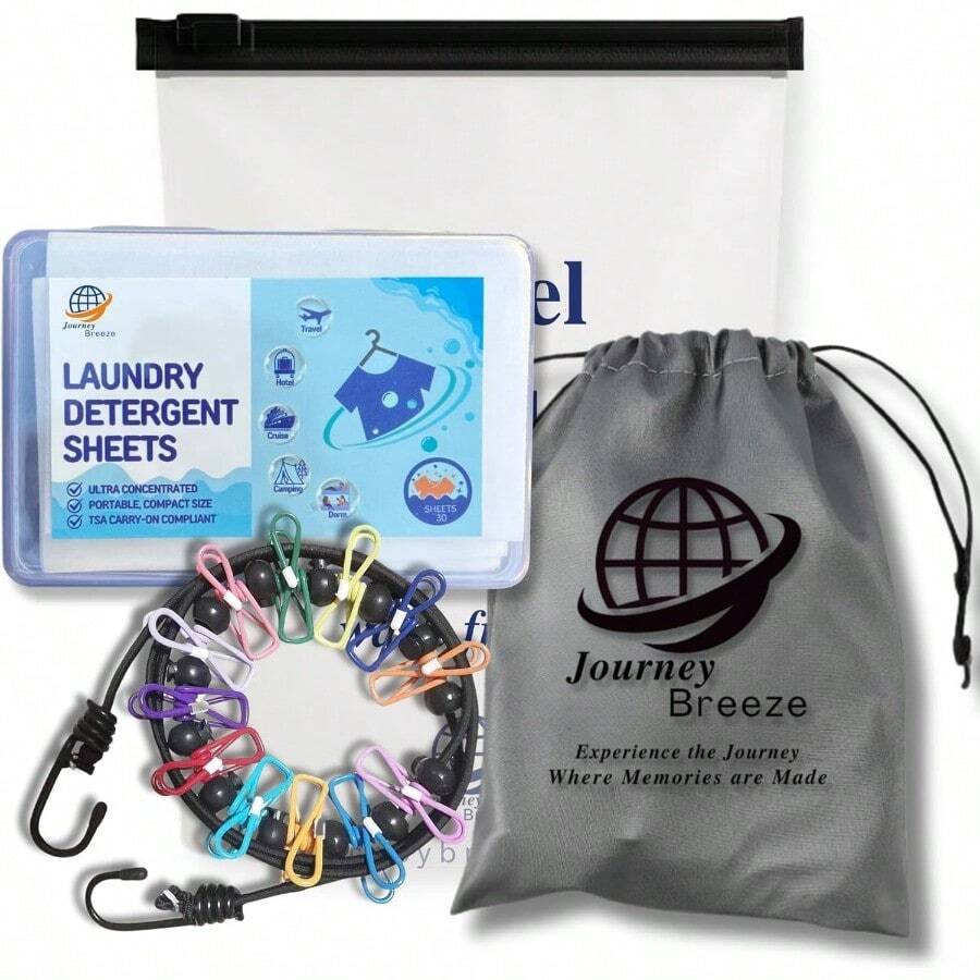 HAWT"""Travel Clothesline With Laundry Detergent Sheets? Portable Clothesline No Clips Needed + 30 Fresh Linen Scent Sheets In Frosted Zip Pouch? Compact Laundry Kit For Travel Camping Hostels""" - TravelLaundry5pieceGiftSet - View 1
