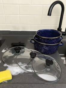 3pcs Enamel Cookware Set, Non-Stick Pots & Pans Set, Enamel Cooking Pot Set With Glass Lid, Multi-Purpose Durable Enamel Pot Set For Home Kitchen, Suitable For Gas & Induction Cooktop