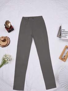 High Waist PU Leather Skinny Pants - Grey - View 7