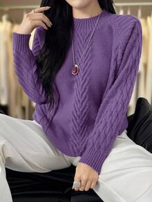 Plus Size Crew Neck Casual Long Sleeve Solid Color Knit Sweater, For Winter - Purple - View 5